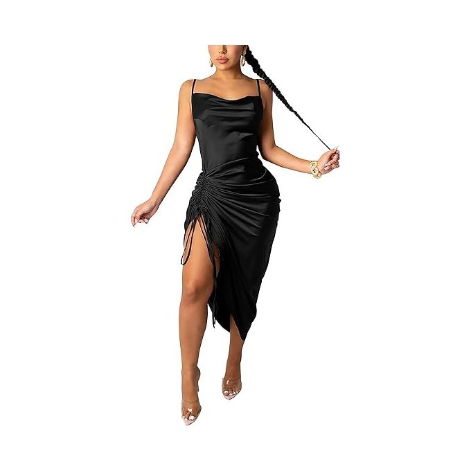 Women’s Sexy Midi Dress Strap Drawstring Side Slit Slip